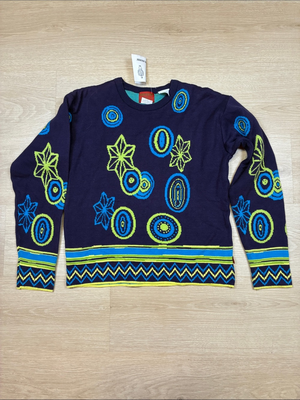 NEW Kenzo JUNGLE 100% Cotton Navy Crewneck Sweater with Lime Green & Teal Motifs